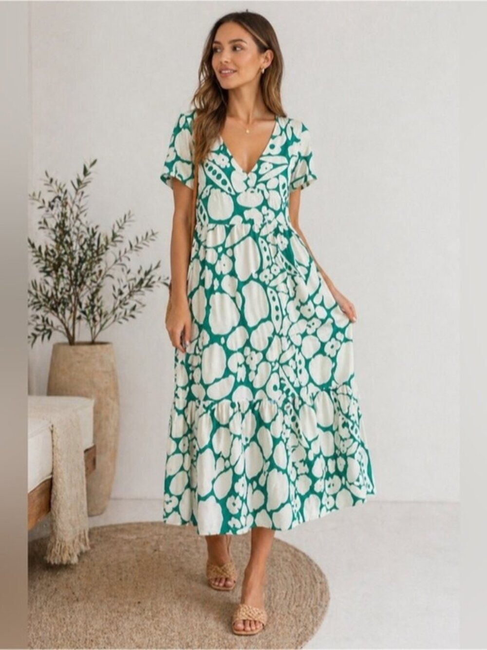 Green & White Abstract Floral Midi Dress – Size S